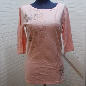 Y2K pink One‎ World top size medium womens embellished floral print rhinestones